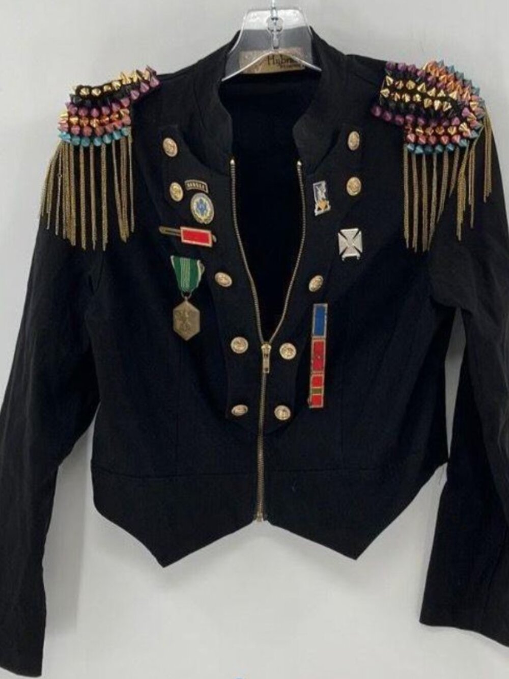 Studded Military Crop Jacket Black Gold Wing Embroidery Festival Burning Man